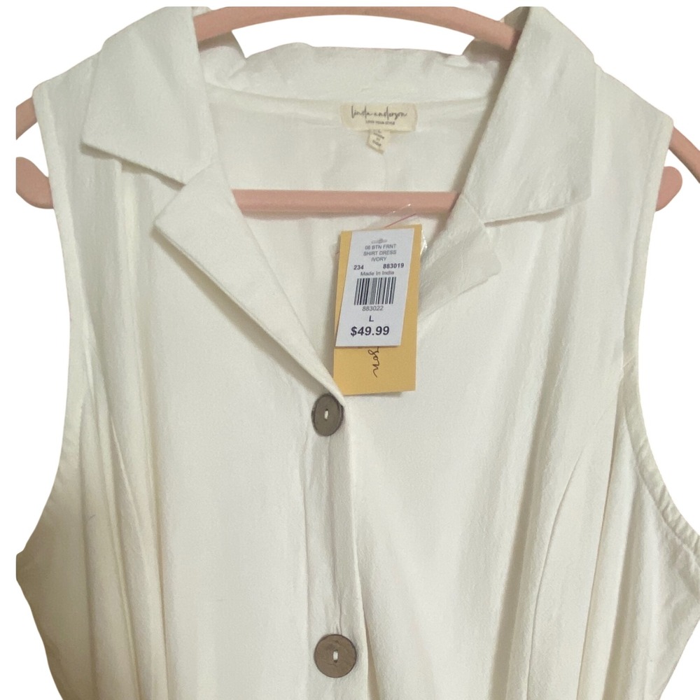 Linda Anderson Ivory Sleeveless Button Front Tie Waist Shirt Dress Size L NEW